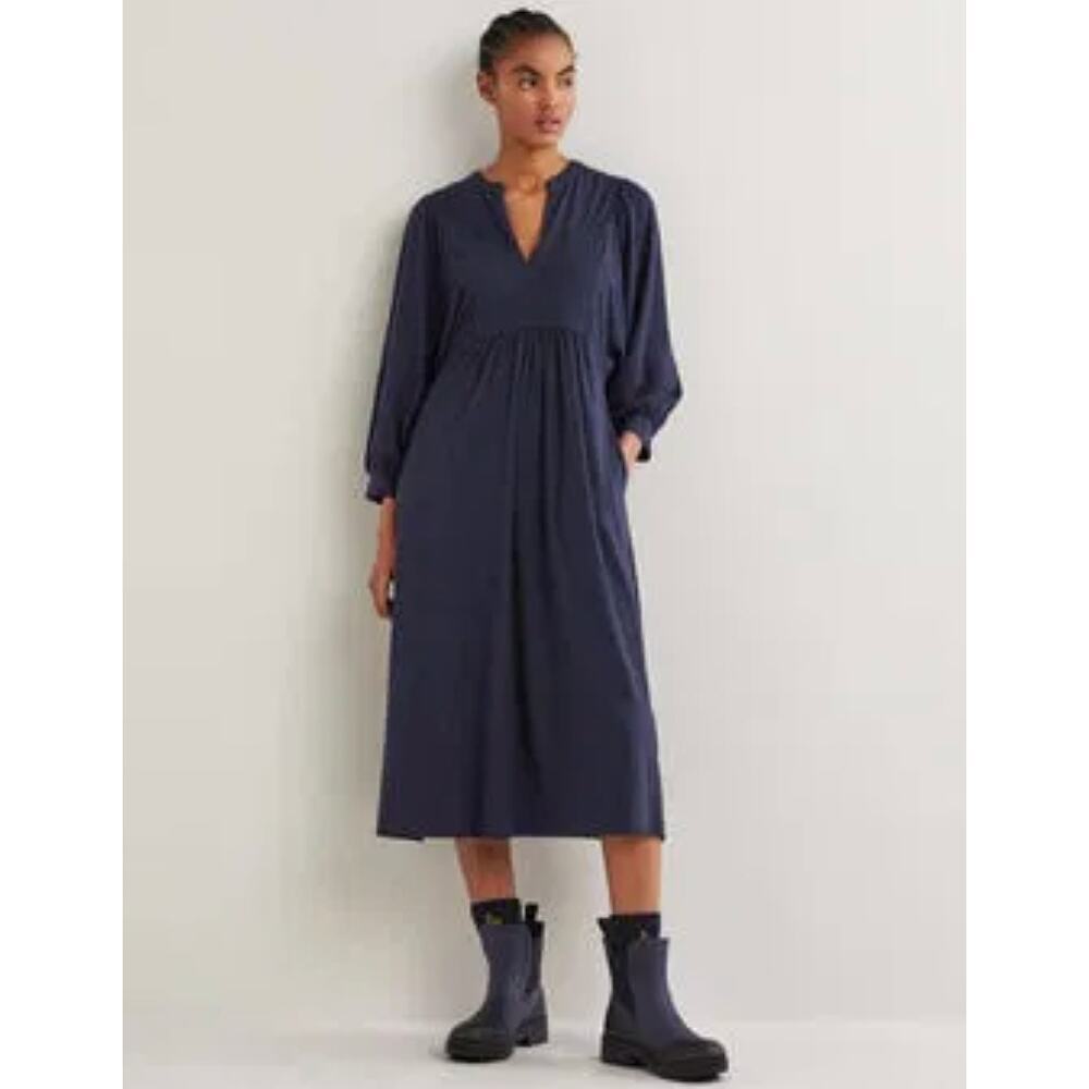 BODEN Navy Blue Jersey Cotton V-Neck Blouson Sleeve Midi Dress Anthropologie